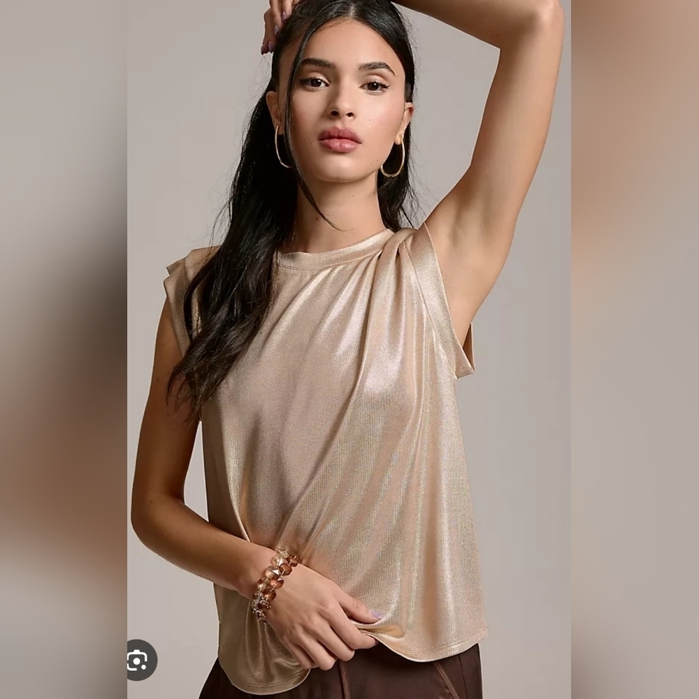Anthropologie Women's Metallic Gold Short Sleeve Blouse Top Size XS Oversized